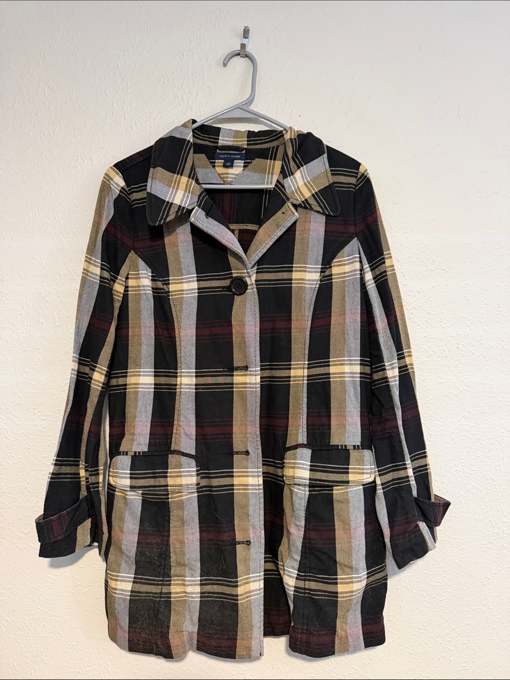 Tommy Hilfiger Plaid Pea Coat in Black, Tan & Burgundy